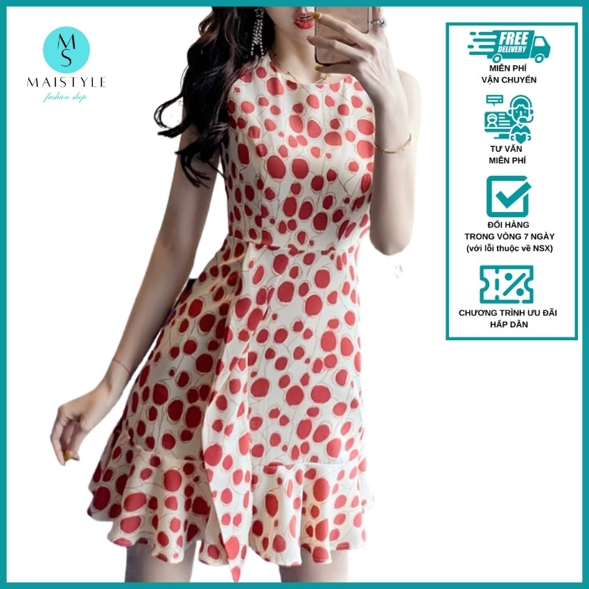 Đầm hoa nhí MAISTYLE váy nữ xinh thiết kế đẹp cao cấp đi chơi tết Đầm xòe linen sát nách trẻ trung cổ tròn MY1107 | BigBuy360 - bigbuy360.vn