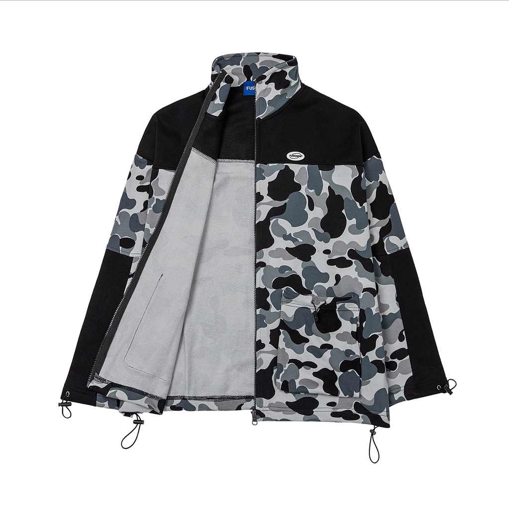 Áo Khoác Jacket Khoá Zip Camo Rằn Ri Thêu Logo Fusionism - Màu Xám, Nâu - Unisex Nam Nữ - Form Dáng Oversize