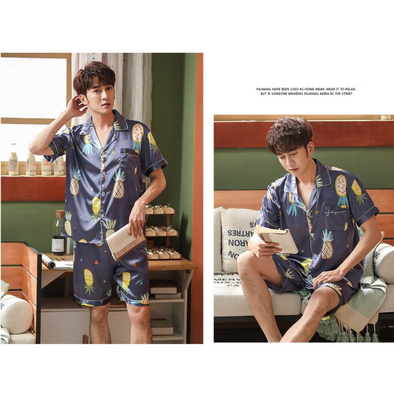 Thoshine Bộ Đồ Ngủ Nam Lụa Satin Mùa Hè Thương Hiệu Áo Thun & Quần Đùi Quần Áo Ngủ Nam In Họa Tiết Đóng Nút Quần Áo Ngủ | BigBuy360 - bigbuy360.vn