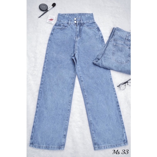 [Mã 11FASHIONSALE1 giảm 10k đơn 50k] Quần jean ống rộng nữ cạp siêu cao 2 nút (Ms33)