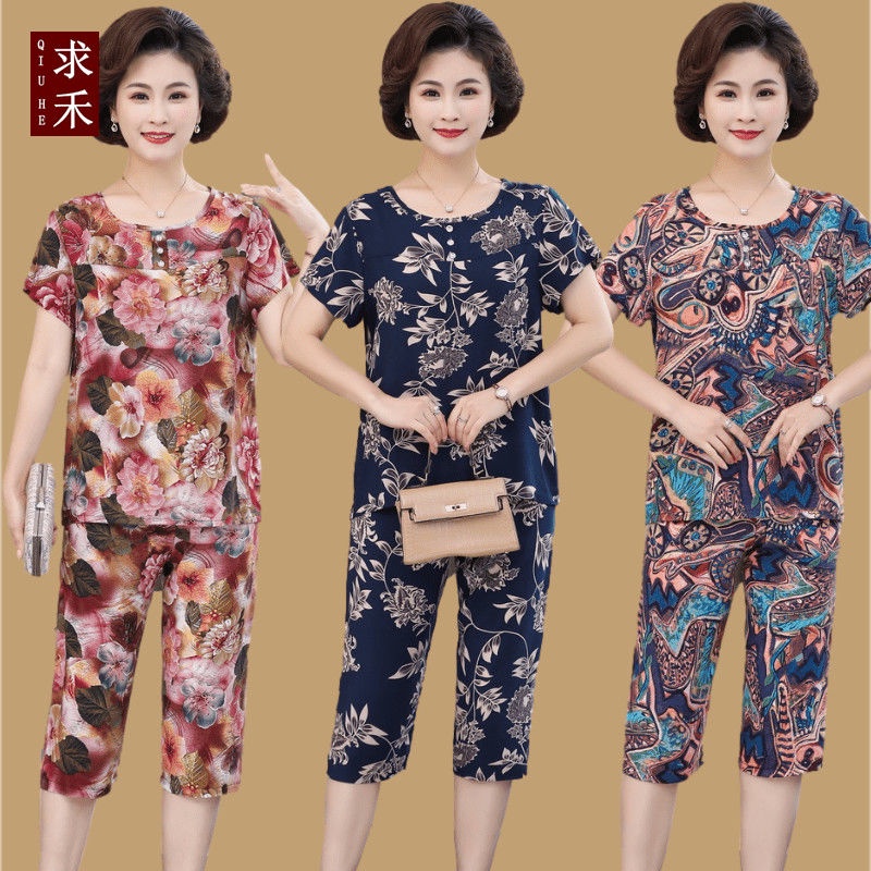 ▣◆Người mẹ trung niên mặc bộ đồ ngủ cotton lụa mùa hè của phụ nữ mỏng ngắn tay phù hợp với người cao tuổi cotton lụa mùa