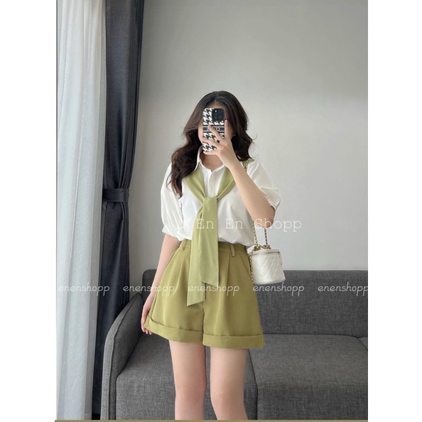 SET ÁO SƠ MI THẮT NƠ XANH + QUẦN SHORT XANH