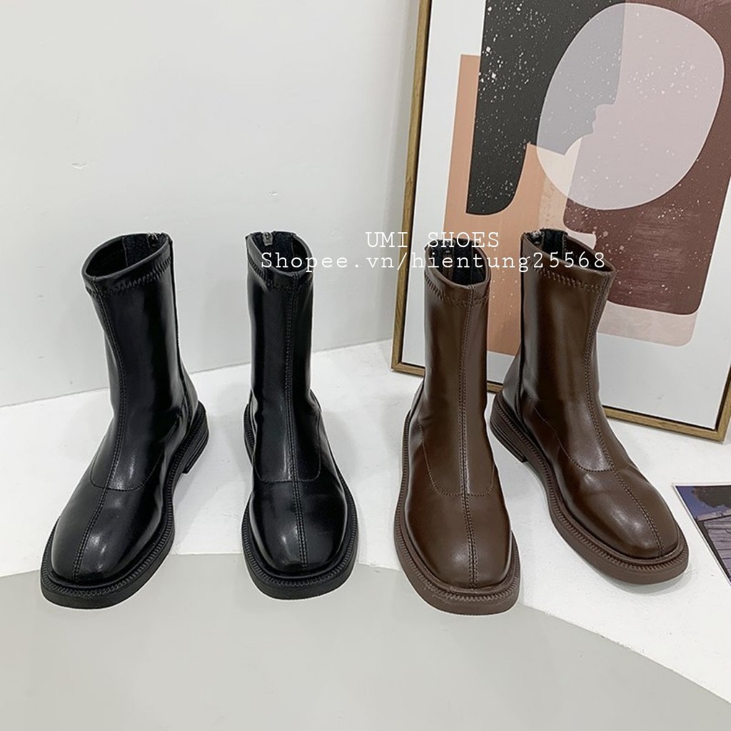 Boot ulzzang ZIP cổ cao da mềm mũi tròn khóa đế trấu đơn giản màu đen/nâu đi chơi đi học đẹp xinh bền hot mới cá tính
