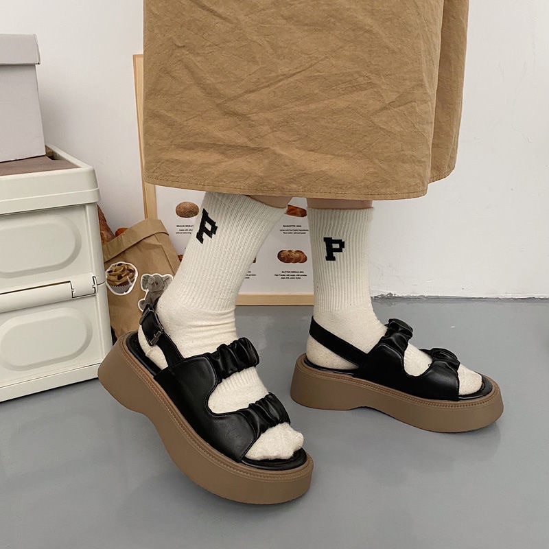 G505 | Dép Sandal Cài Khuy Bèo Nhún Đế Bánh Mì Đặc Giày Sandal Đi Học Ulzzang