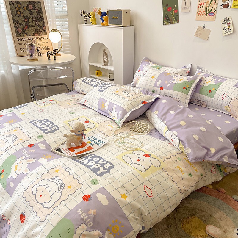 [RẺ VÔ ĐỊCH] Bộ chăn ga gối drap giường chất cotton poly họa tiết thỏ trắng
