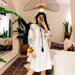 Váy babydoll dáng suông thêu họa tiết thổ cẩm phong cách boho - MS200 (Có ảnh thật)