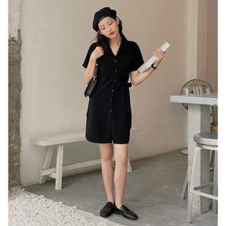 Đầm sơ mi cổ vest màu đen có dây thắt eo chất lụa mềm mát freesize