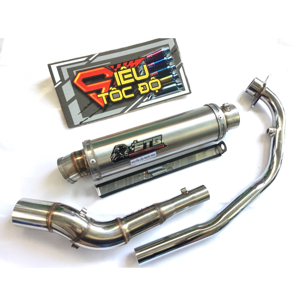 Bộ pô STB TRẮNG full cổ cong 2 khúc gắn cho nhiều loại xe