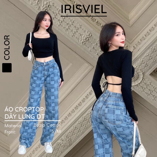 Áo Croptop Dây Lưng, Áo Thun Cổ Vuông Tay Dài Ôm Body Cá Tính IRISVIEL