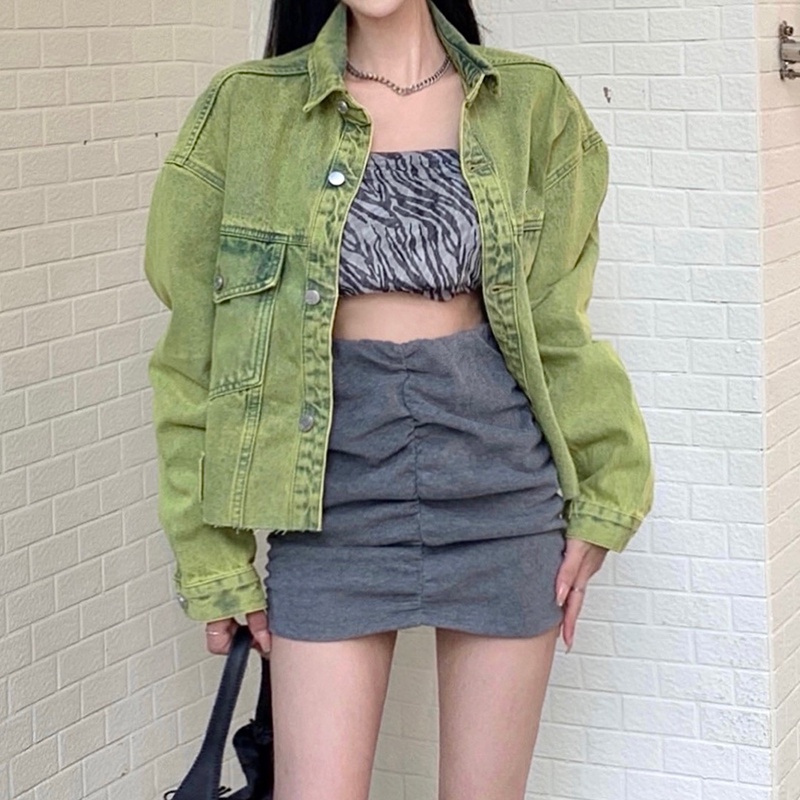IELGY     Áo Khoác denim Tay Dài Dáng Rộng Màu Xanh Lá Thời Trang Cho Nữ