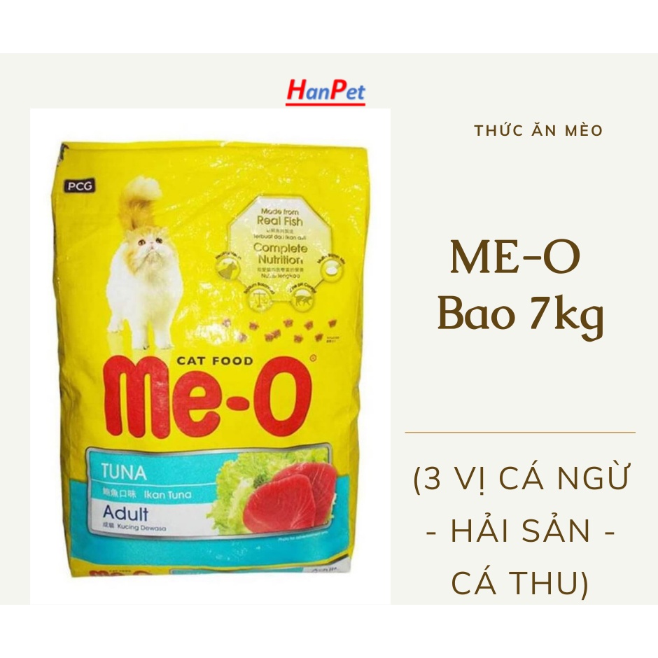 (Có bán lẻ 1kg) Thức ăn cho mèo Me-o (3 vị) Cá ngừ, Cá thu và Hải sản thức ăn mèo lớn túi 1kg