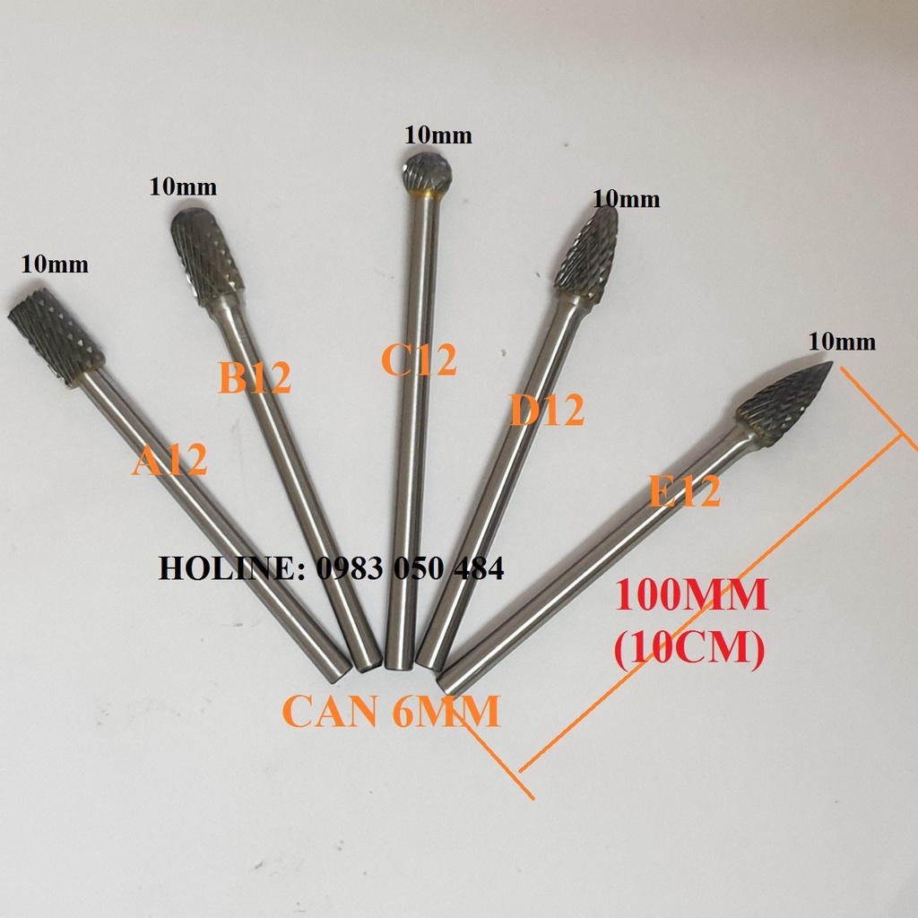 Mũi điêu khắc gỗ lũa móc gỗ mài doa nhôm gang đồng sắt thép siêu dài 10cm cán 6mm đầu 10mm mũi hợp kim trục 6mm