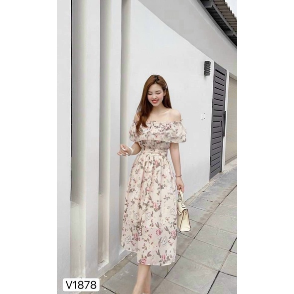 Đầm hoa bèo ngực trễ vai có mút