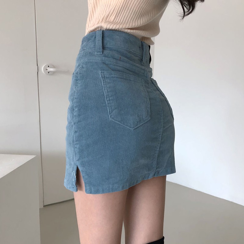 (ORDER) Chân váy dáng chữ A nhung tăm xẻ vạt ôm body gợi cảm Hàn Quốc New 2020