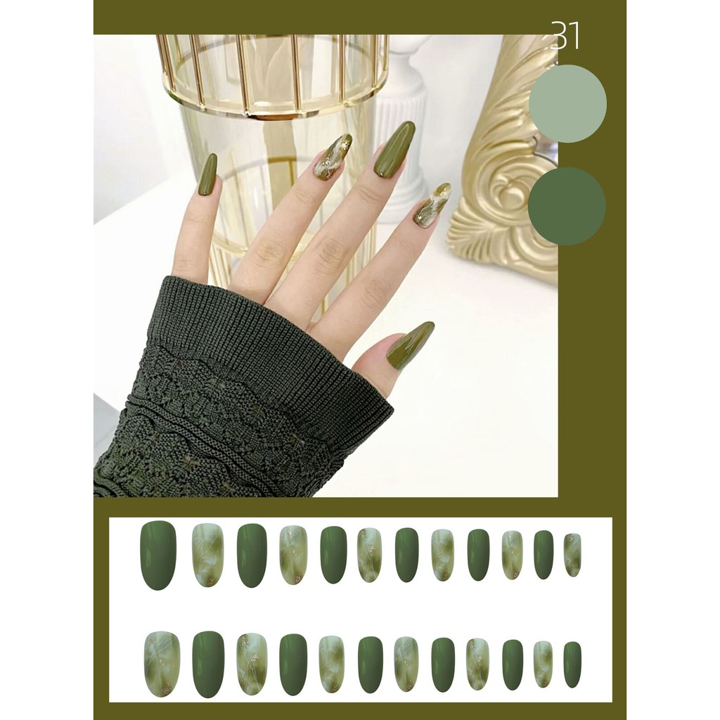 Bộ 24 móng tay giả Nail Nina màu xanh lá cây mã 31【Tặng kèm dụng cụ lắp】