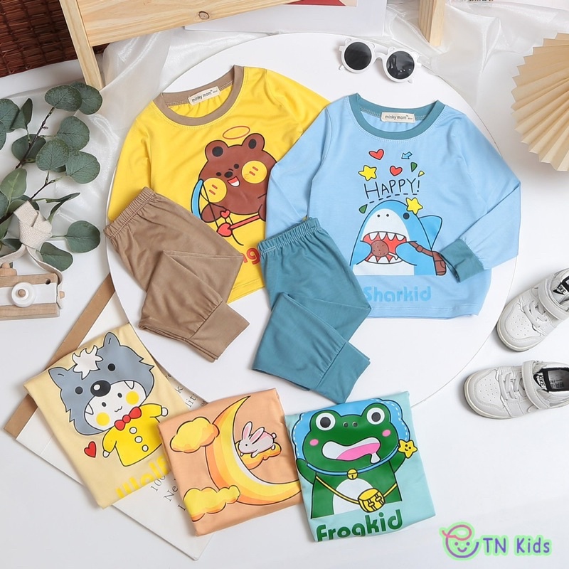 NT084 Bộ dài tay thun lạnh Minky Mom in hoạ tiết con vật dễ thương phối viền màu cho bé trai, bé gái