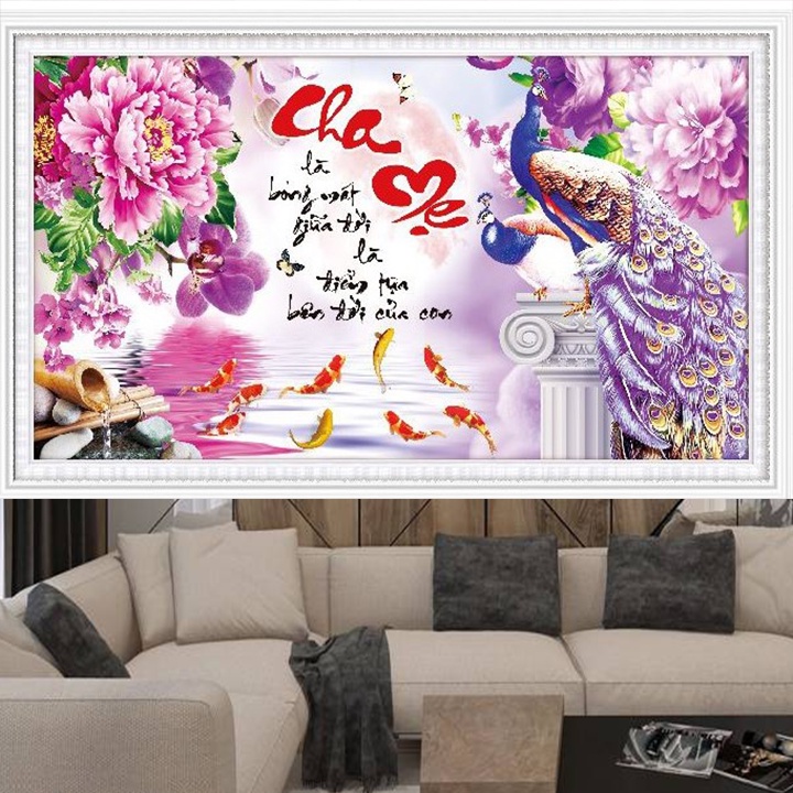 Tranh thêu cha mẹ KT:75x45cm,Tranh chưa thêu.Tặng kéo và xỏ chỉ