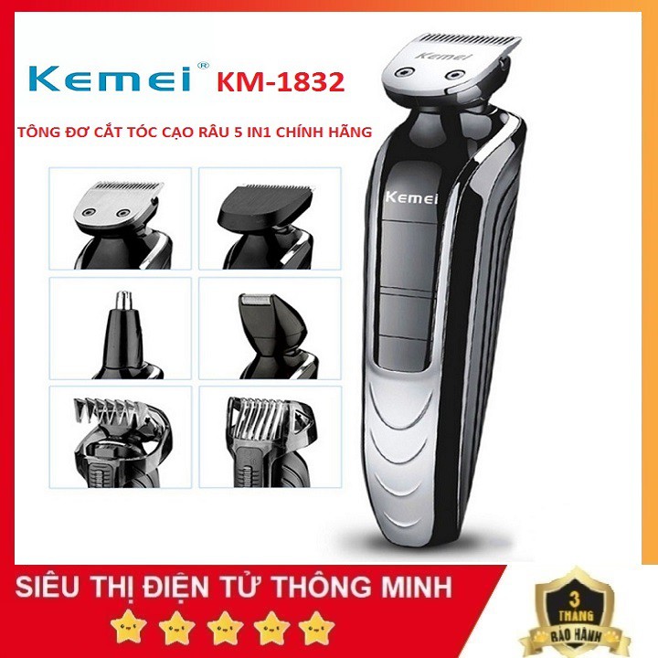 Tông Đơ, Máy Cạo Râu 5 in1 Cắt Tóc Tỉa Lông Mũi Chính Hãng Kemei Model KM-1832