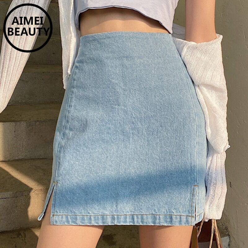chân váy jean Dáng Chữ A Lưng Cao Thiết Kế Xẻ Tà Phong Cách Retro Mới | BigBuy360 - bigbuy360.vn