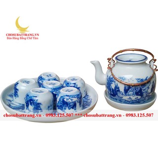 Bộ ấm chén men lam ''Phú An'' - vẽ Trúc Lâm Thất hiền - dáng khay