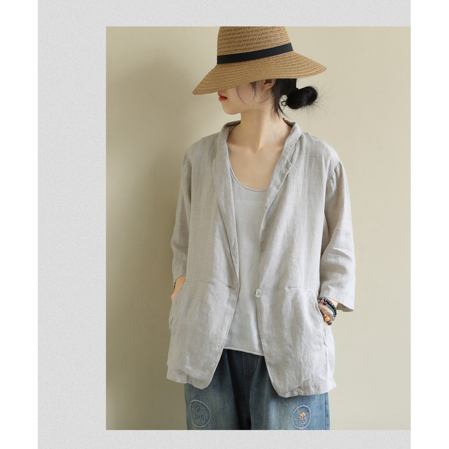 Áo vest balze linen dáng lửng tay lỡ 2 túi bên, chất vải linen tự nhiên, thời trang phong cách Nhật Bản