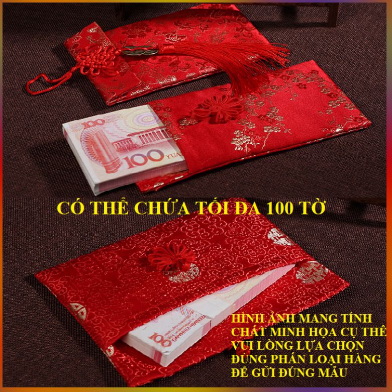 [Có sẵn] Phong Bì, Phong Bao Lì Xì Gấm Đỏ Thêu Hoa Văn Cao Cấp M06