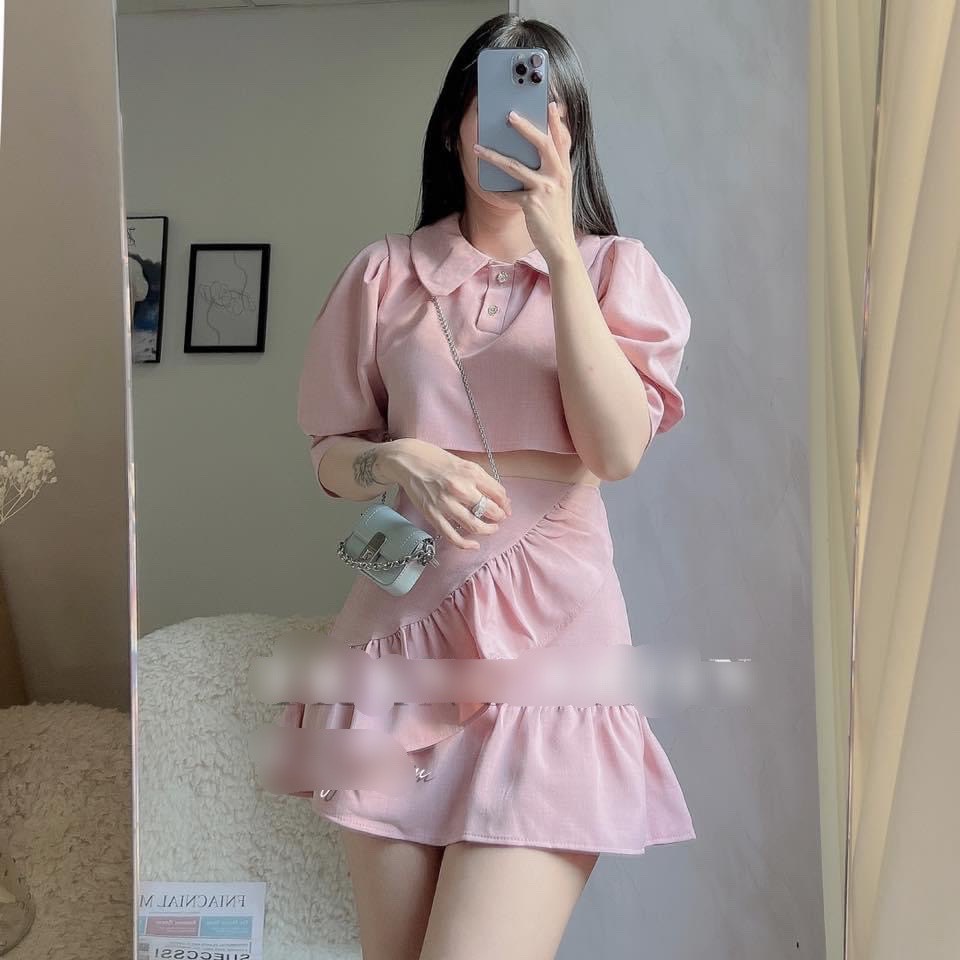 SET VÁY HỒNG TIỂU THƯ ÁO CROPTOP CỔ SEN + CHÂN VÁY
