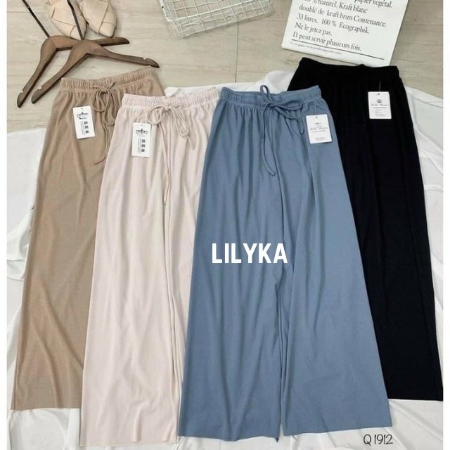 Quần ống suông nữ lưng cao ống rộng bigsize màu đen vải thun lụa tăm co giãn dễ chịu Lilyka QD01