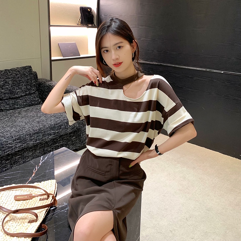 Áo thun ZHELIHANGFEI dệt kim tay ngắn dáng rộng kẻ sọc trẻ trung thời trang cho nữ