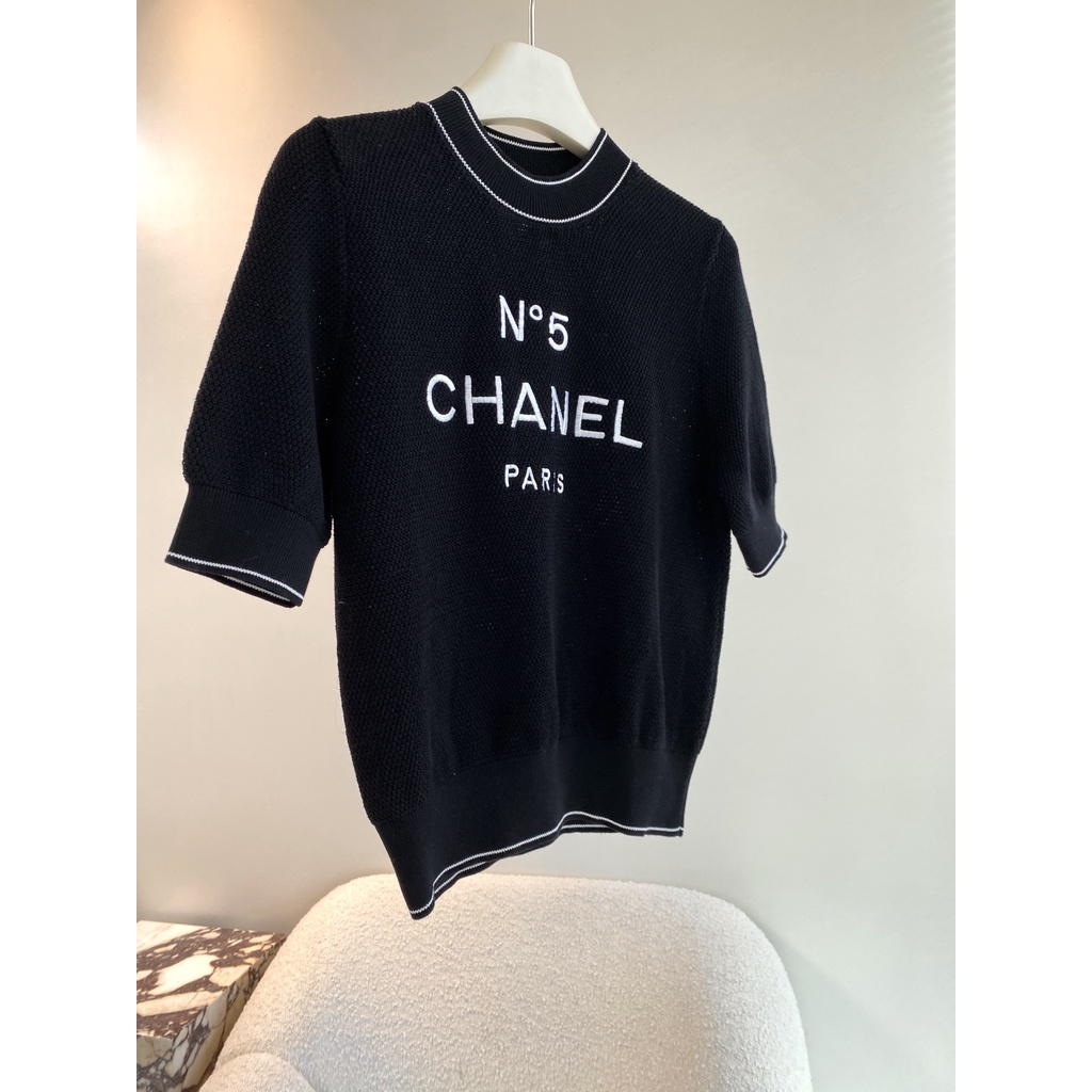Áo thun dệt kim tay ngắn cổ tròn thời trang nữ cao cấp Chanel Channel sành điệu, thanh lịch