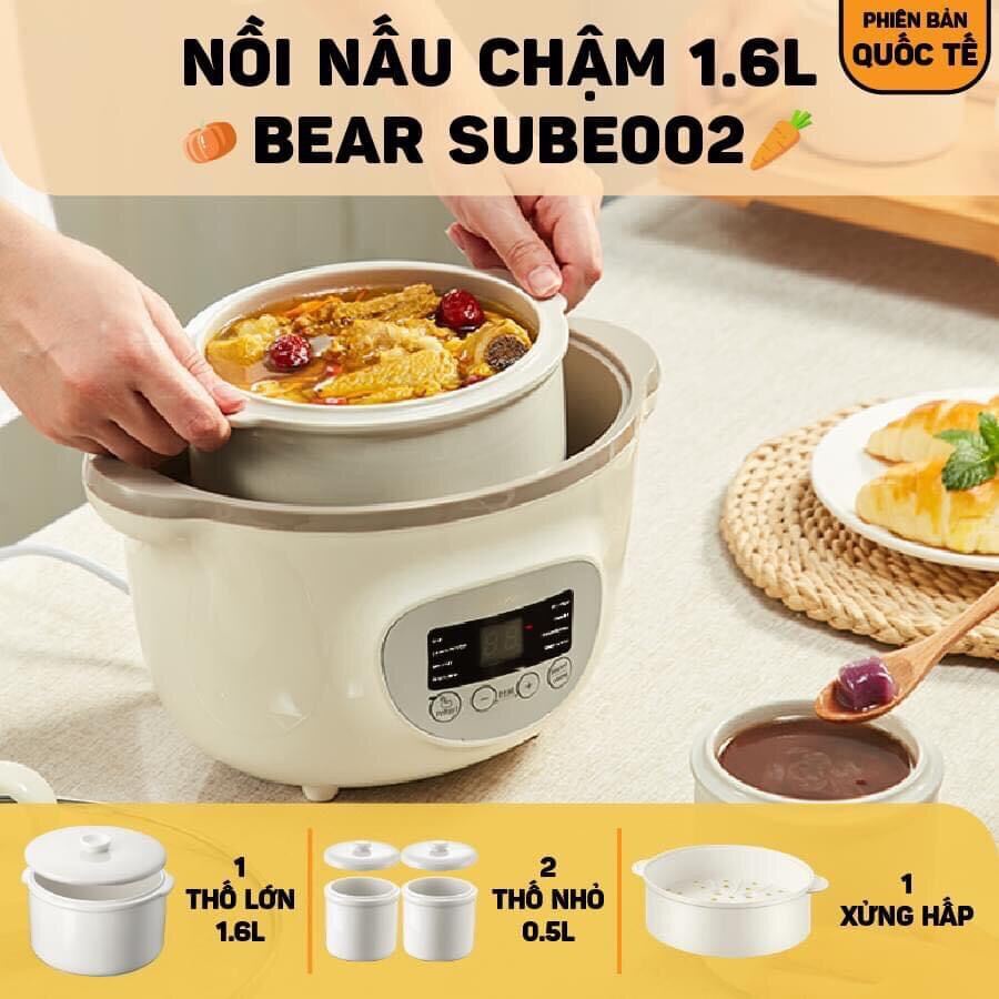 Nồi Nấu Chậm Bear SUBE002 Chính Hãng Dung Tích 1,6L Chưng Yến Điện Cách Thuỷ,Hầm Cháo, Nấu Cháo Chậm Cho Bé, Bản Quốc Tế