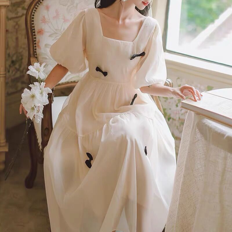 Váy đầm trắng công chúa phối nơ đen voan 2 tầng đi chơi, dự tiệc