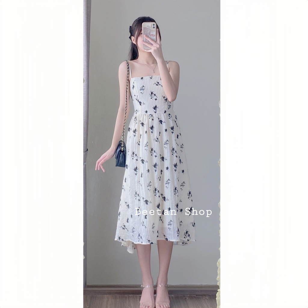 Set váy hai dây hoa hồng đen dáng dài tặng áo khoác cardigan D29