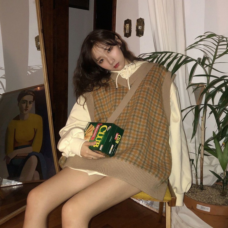 Áo khoác dệt kim Pure Cube cổ chữ V dáng rộng họa tiết sọc caro thời trang cho nữ