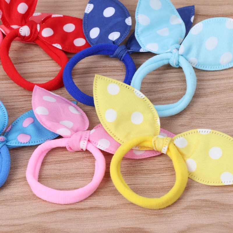 Set 10 Dây Cột Tóc Co Giãn Tai Thỏ Họa Tiết Chấm Bi Dễ Thương Cho Bé Gái