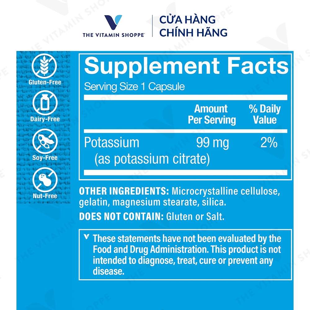 [Mã BMLTA35 giảm đến 35K đơn 99K] Viên uống giảm sưng đau gút THE VITAMIN SHOPPE Potassium Citrate bổ sung kali 100 viên