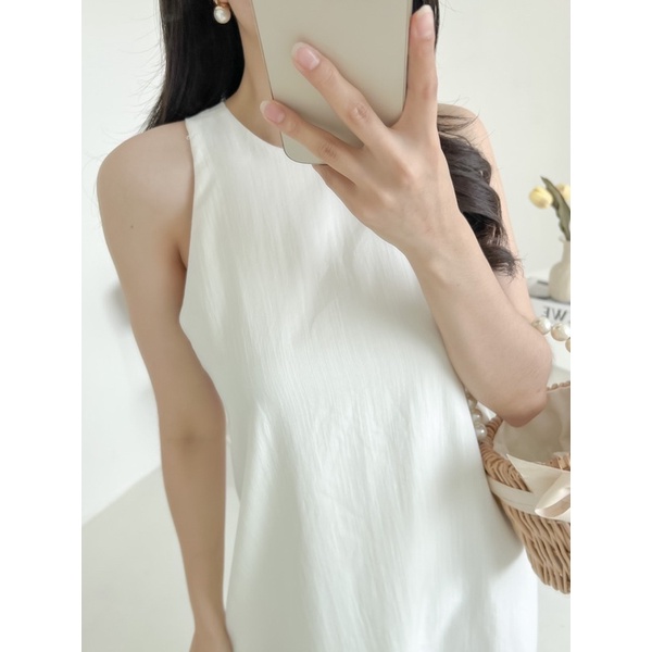 Đầm maxi đan dây chéo H2 xanh/trắng phù hợp mặc đi du lịch, đi biển, dạo phố vải siêu đẹp