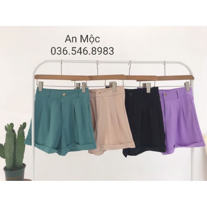 [AN MỘC] Quần Short đùi ống rộng lưng cao xếp ly gập gấu xanh Mint cá tính cho nữ