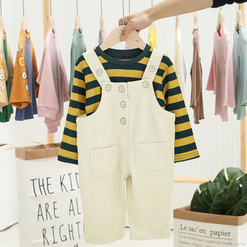 Set trang phục áo thun tay dài họa tiết kẻ sọc và quần yếm dài phong cách Hàn Quốc xinh xắn dành cho bé gái