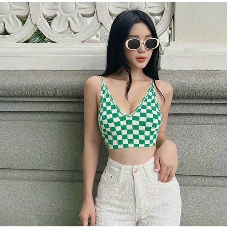 Áo 2 dây cổ tim kẻ sọc caro  CROPTOP PC
