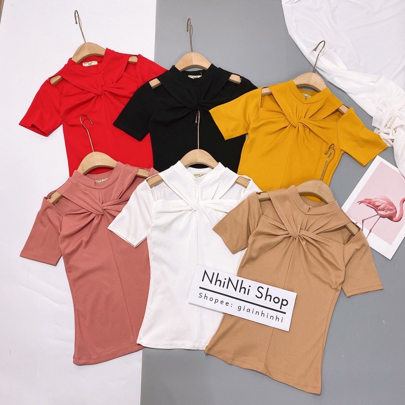 Áo thun kiểu xoắn cổ hở vai tay cộc, Áo kiểu ngực xoắn ngắn tay vải cotton co giãn CS1202 - NhiNhi Shop