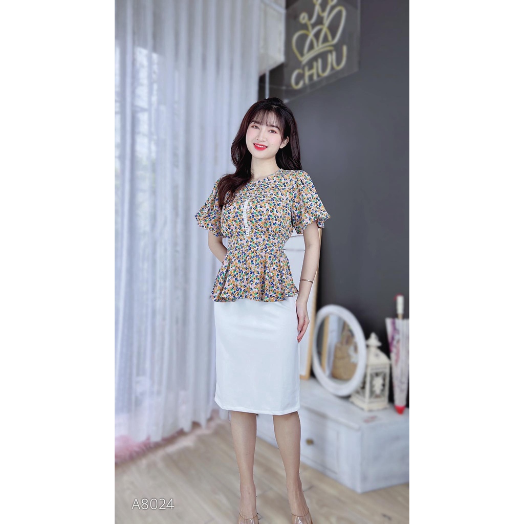 Áo Peplum hoa nhí giấu bụng tay phồng CHUU A8024