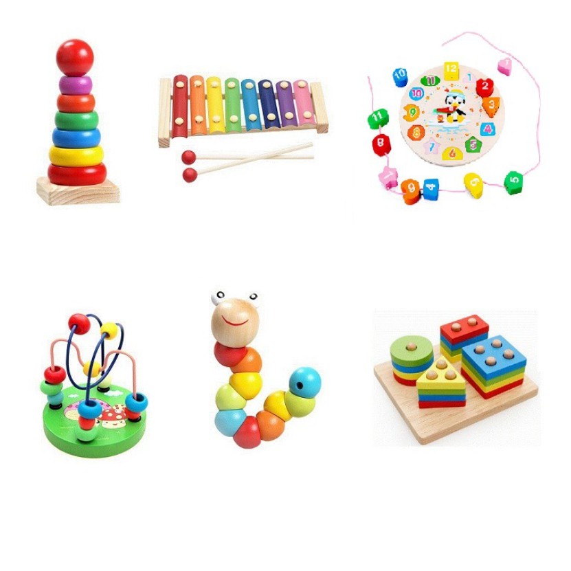 Combo sét 6 món đồ chơi giáo dục luồn hạt - sâu gỗ - đàn gỗ - cầu vồng - thả hình 4 trụ - đồng hồ xâu hạt cho bé