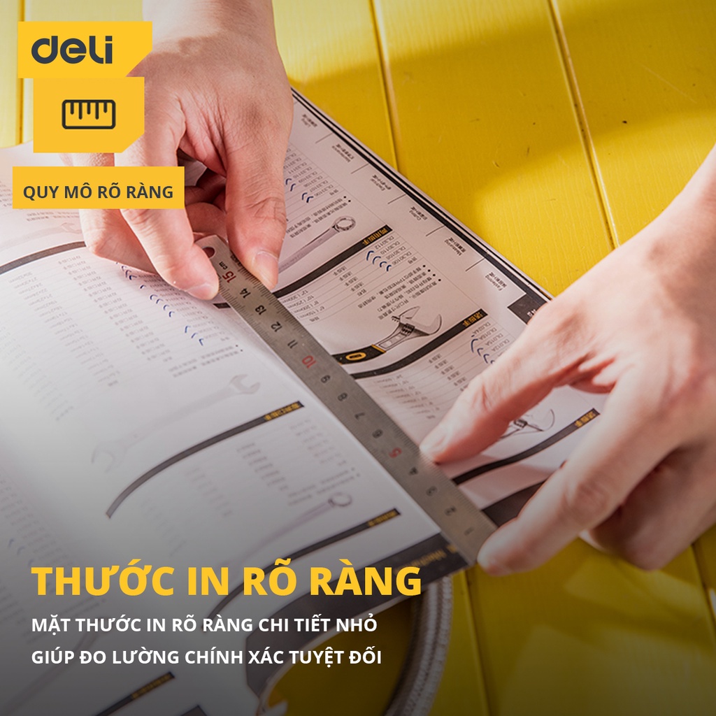 Thước Kẻ Thép Deli Cao Cấp - Kích Thước 15cm Nhỏ Gọn, Tiện Lợi - Chất Liệu Chống Mòn Gỉ - DL8015