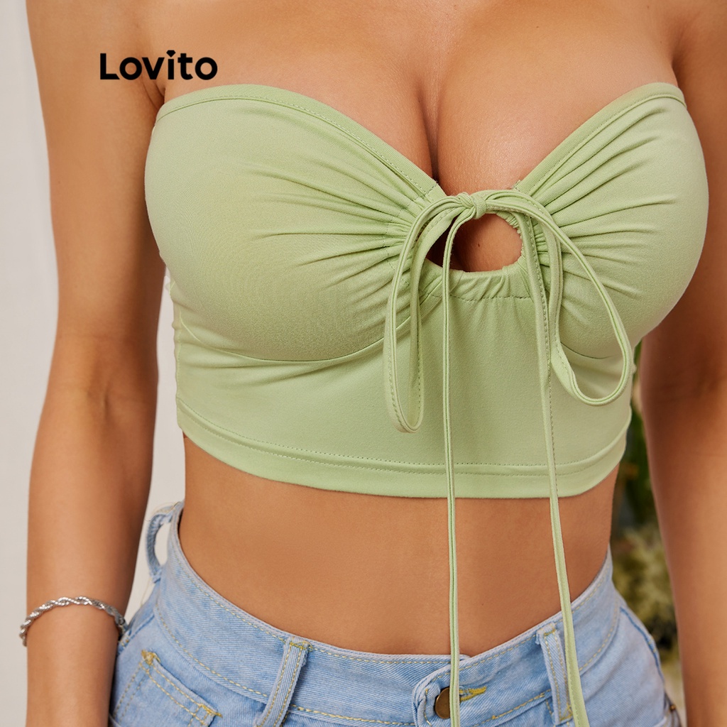 Áo sát nách Lovito ngắn cổ yếm đan chéo màu trơn hở lưng mặc thường ngày L18D117 (Màu xanh lá)
