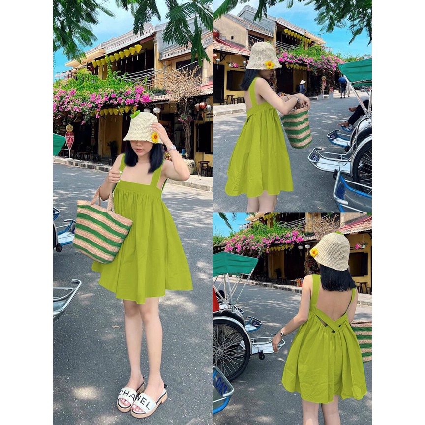 [8.8 Sales Freeship] Đầm babydoll 2 dây bản to dáng xòe, đầm lụa chéo hở lưng cổ vuông đi biển, sống ảo siêu xinh