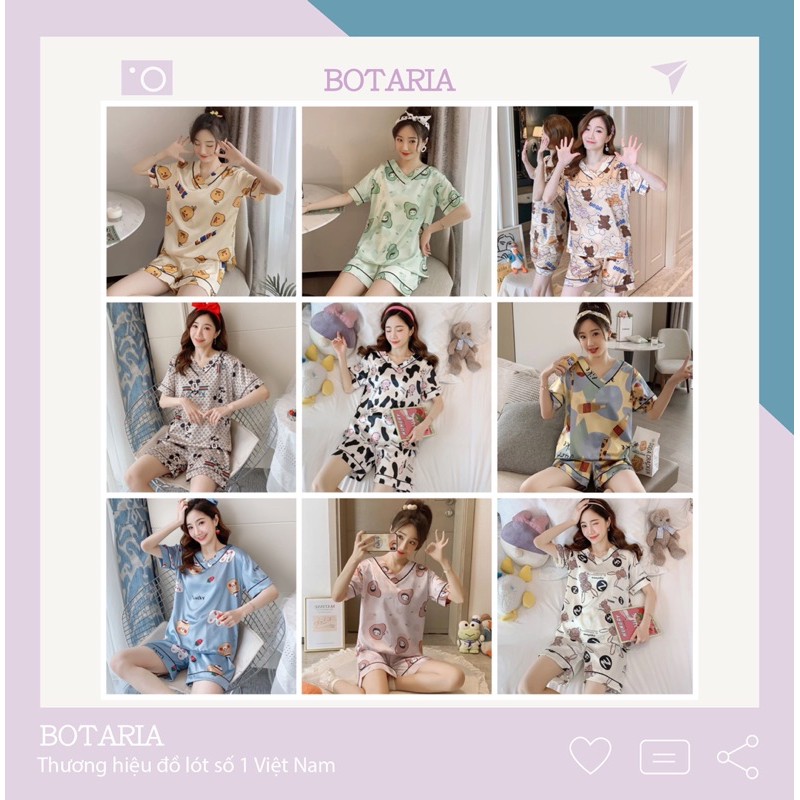 Bộ Quần Áo Cộc Tay Hè Cao Cấp Chất Lụa Mát Hoạ Tiết Dễ Thương Botaria