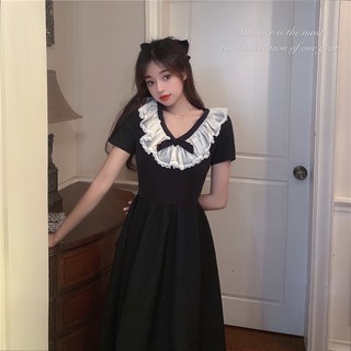 Đầm đen kểu pháp ren nhỏ cổ chữ V eo thon dài tay ngắn nơ ulzzang ( có big size )