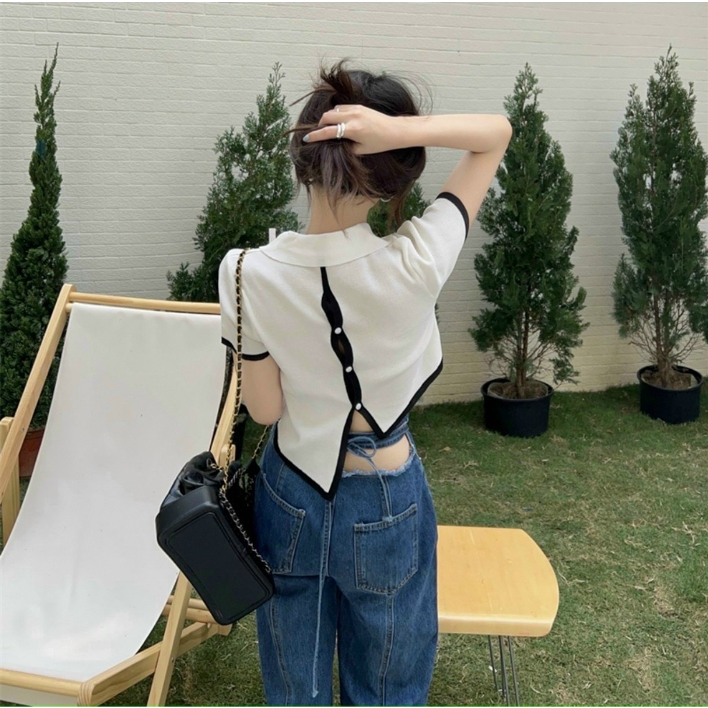 áo croptop vạt chéo tà cài nút sau cổ bẻ thun gân