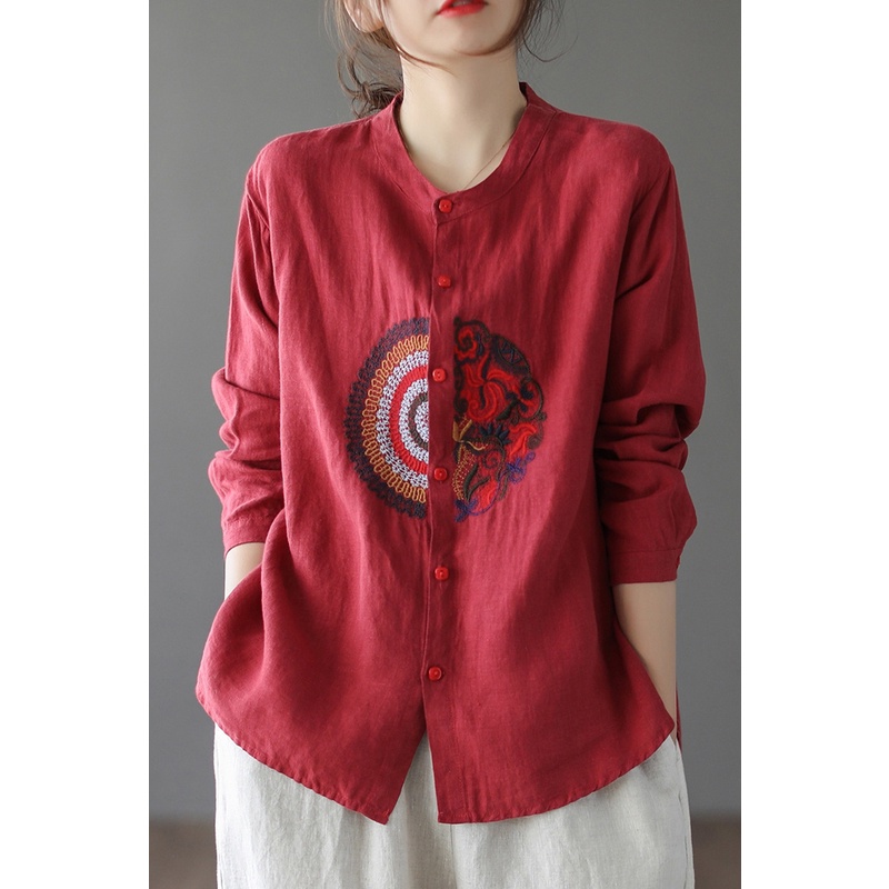 Ice cotton linen embroidery linen women's shirt long-sleeved blouse vintage a line brand counter cut label